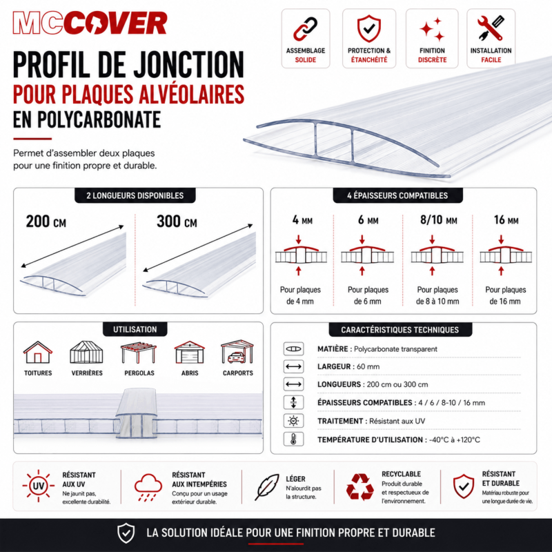 Profil de jonction polycarbonate translucide 4, 6, 8/10 et 16 mm